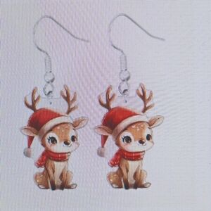 Reindeer Cartoon Christmas Earrings - Acrylic Dangles - Nickel-Free Alloy Hooks